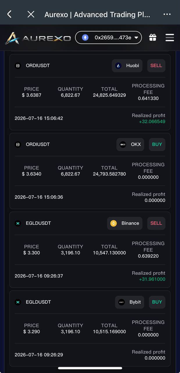 Aurexo Mobile — ORDI & EGLD Arbitrage on Huobi & OKX